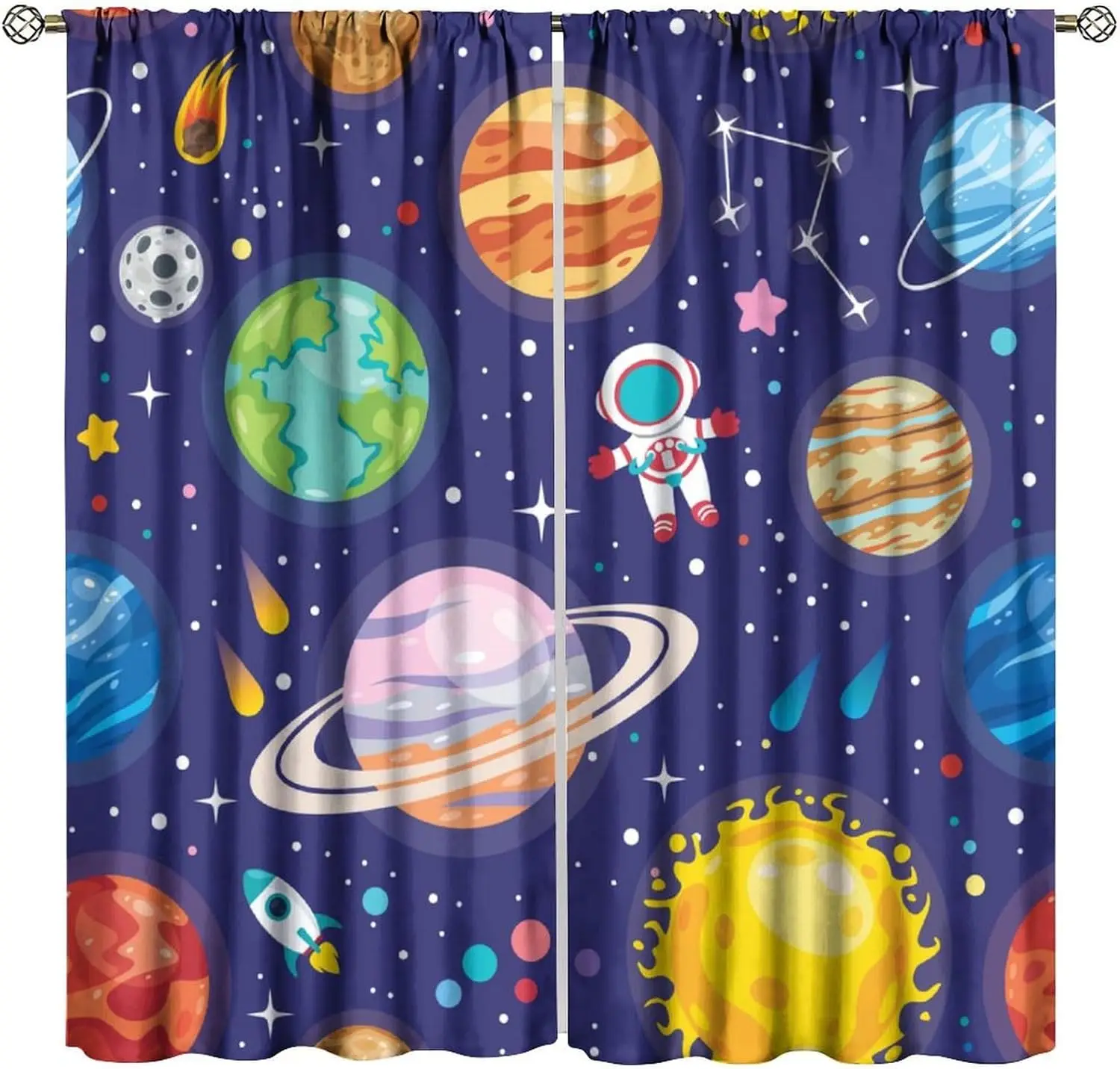 Kid Galaxy Window Curtains, Cartoon Outer Space Planet Rocket Astronaut Curtains for Kids Boys Room Child Bedroom Decor