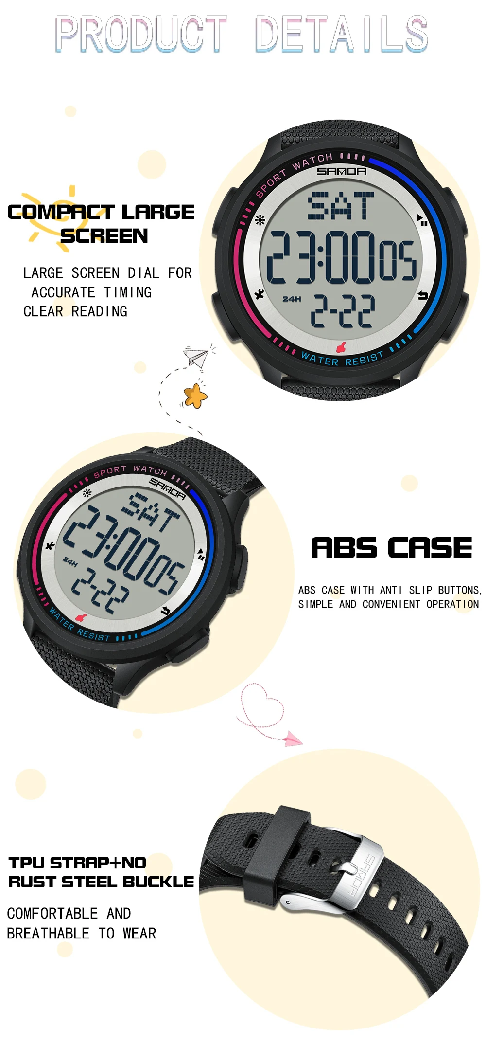 SANDA Herrenuhr, mehrere Funktionen, Outdoor-Sport, Stoppuhr, wasserdicht, digitales Uhrwerk, LED, Herren-Armbanduhr, elektronischer Alarm – Detail 17