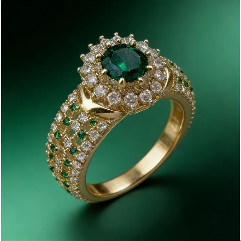 Exquisite Gold Color Hip Hop Rings for Women Fashion Inlaid Zircon Green Stones Wedding Rings Set Bridal Engagement Jewelry