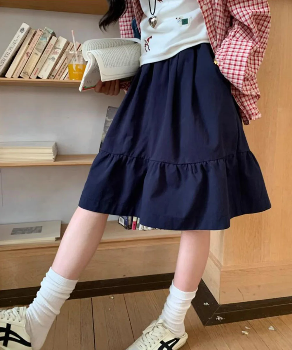 Solid Casual Skirt Female Summer Japanese Preppy Style Mini Skirt Elastic High Waist Umbrella Skirt A-line Streetwear Harajuku