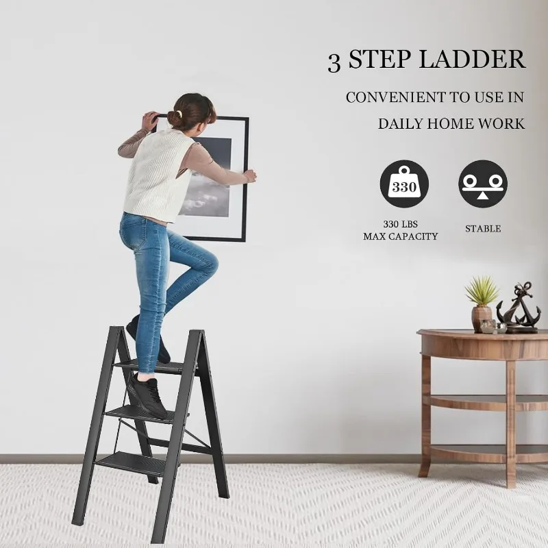 3 Step Ladder, Folding Step Stool with Wide Anti-Slip Pedals,Max Load 330 Lbs Capacity