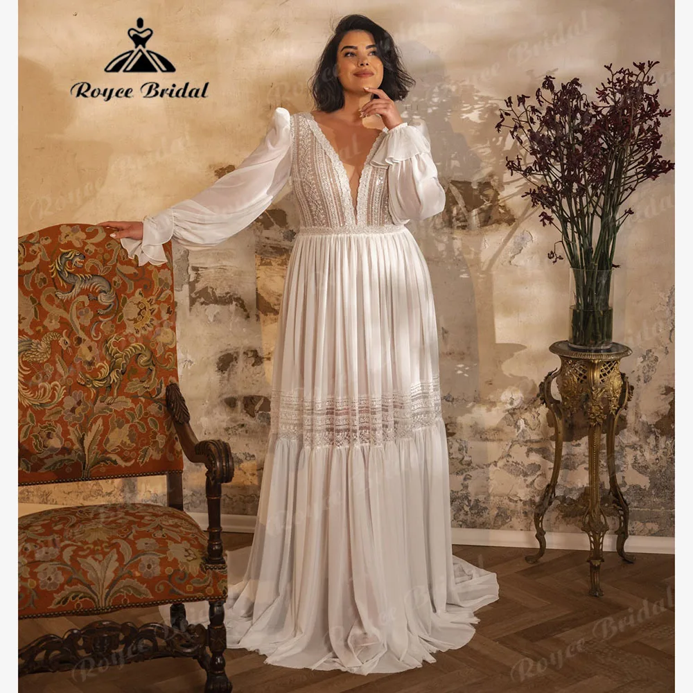 Bohemian Long Sleeve V Neck Lace Chiffon Boho Plus Size Wedding Dress Women 2025 Oversized Bridal Gown robe de mariée Customized