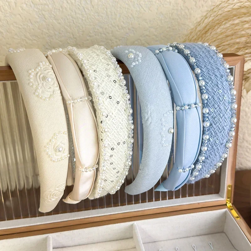 

2025 Retro Rose Print Pearl Crystal Headband Women Elegant Hair Band Girl Sweet Beige Blue Hair Hoop Lady Party Hair Accessories