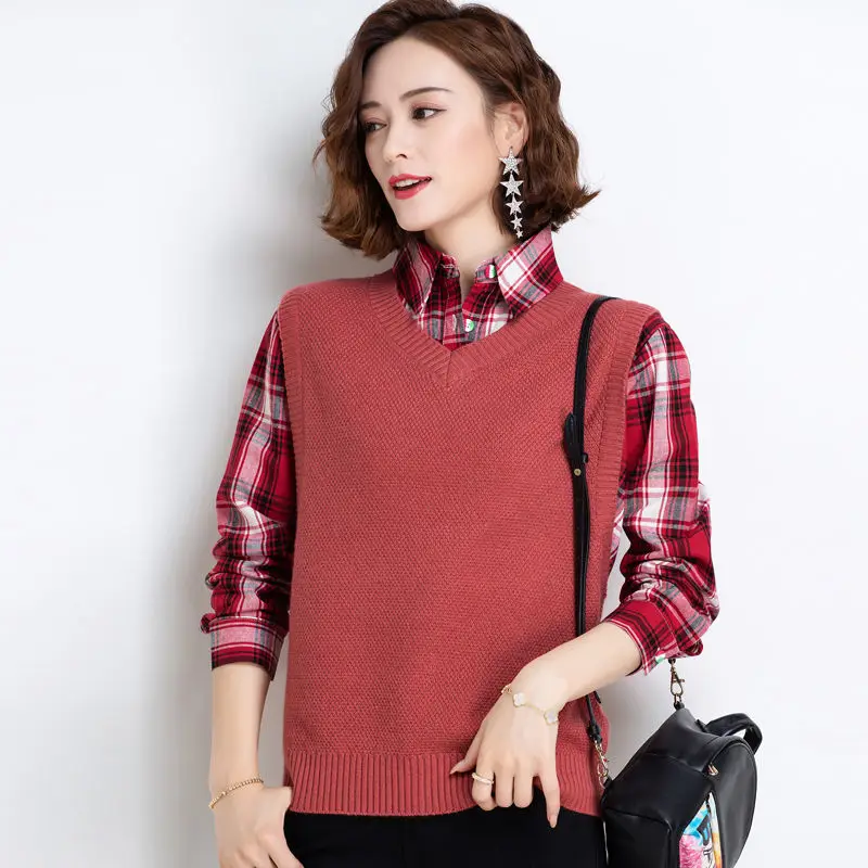 Women Fashion Shirt Collar Sweaters Autumn Vintage Fake Two Pieces Knitted Jumper Office Lady Plaid Loose Pullovers