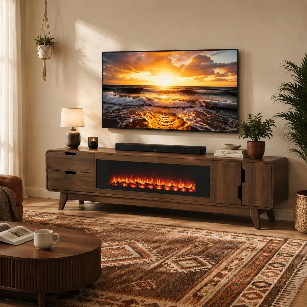 Entertainment Center with Fireplace, Cabinet & Drawers for 80