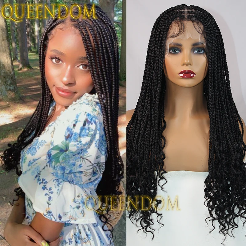 Wig kepang keriting Perancis sintetis 24 inci Wig dewi kepang kotak renda penuh dengan gelombang keriting ujung tanpa simpul Wig kepang kepang Cornrow