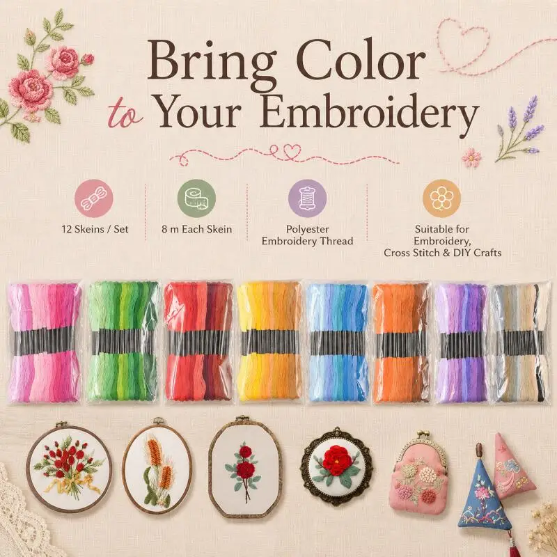 12 Gradient Color Cross Stitch Embroidery Floss, 6-Strand, Household Sewing Handcraft Thread, No Repeated Colors