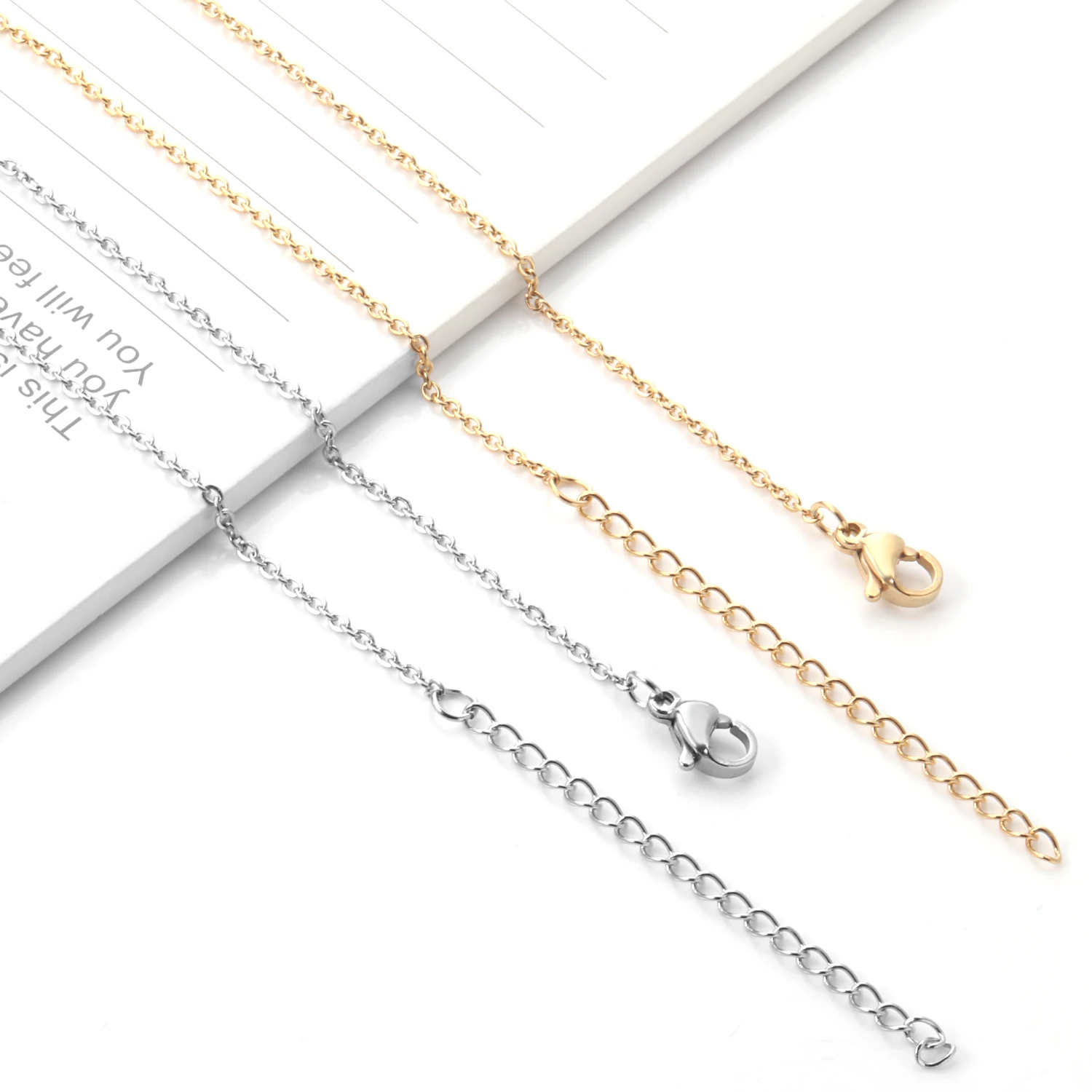 5Pcs Wholesale Stainless Steel Cable Link Chain Necklaces, 1mm Thin Chain With 5cm Extender 45+5cm, Gold & Steel Color Bulk