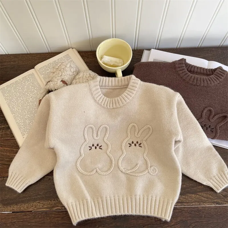 1-6Y Girls Autumn Sweaters Cartoon 3D Rabbits Knitted Toddler Baby Girls Pullovers Sweet Style Kids Girls Knitwear Outside Tops