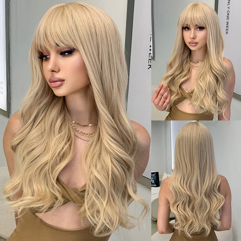 Golden for Women with Straight Bangs Long Wavy Hair Machine-Made Synthetic Fiber Full Head Wig