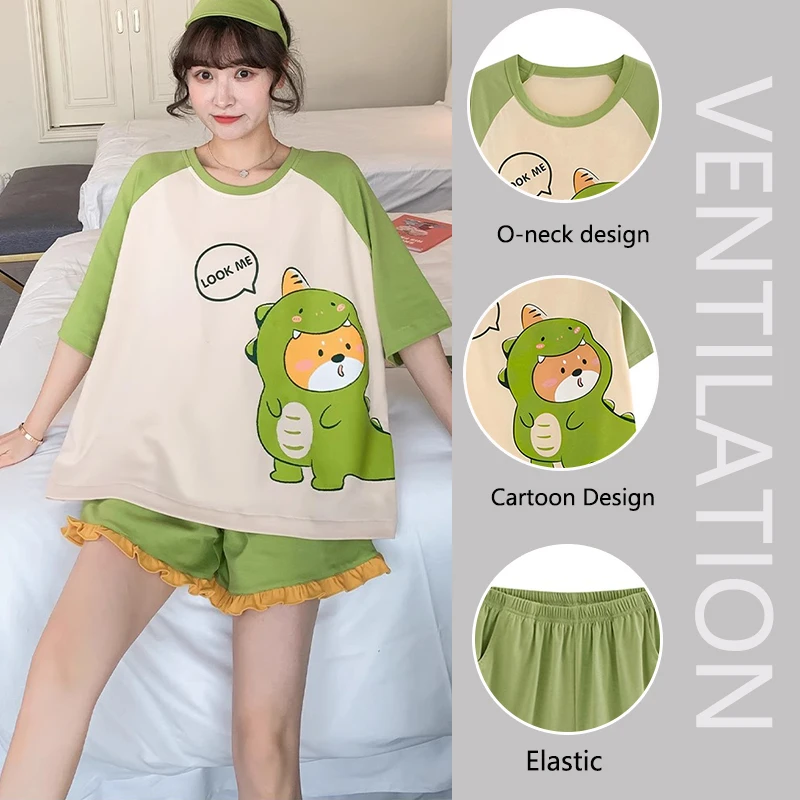 2PCS/Set Green Cartoon Dinosaur Pajamas Short-Sleeved Loose Version Women Large Size Princess Style Homewear Students Sleepwear