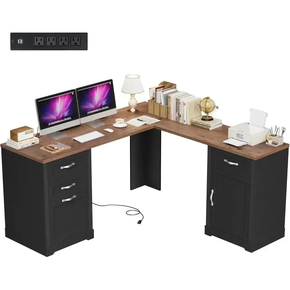 Executive L-Shaped Desk with Power Outlets, 60 Computer Desk featuring 3 Drawers and 2 File Cabinets, Ideal for Home Office or S