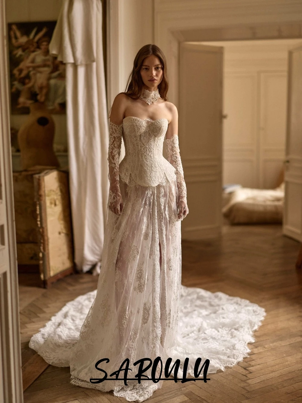 

Vintage Court Lace Train Bridal Gown Delicate Sweetheart Neckline Corset Wedding Dress Customized Dreamy Long Women Wear