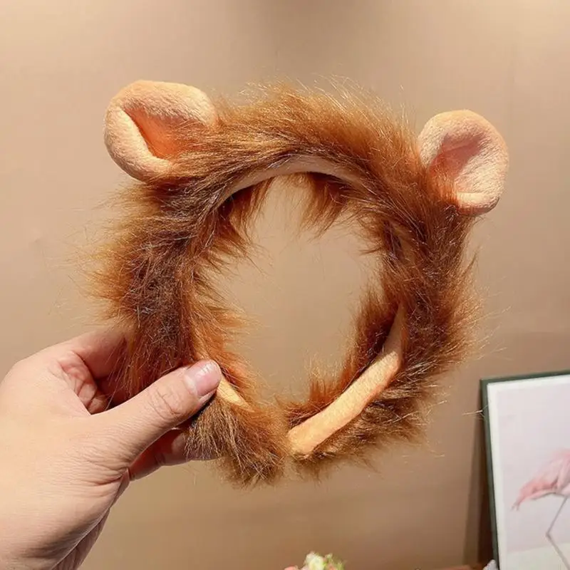 X9FD Cartoon Lion Headband Animal Plush Hairband Women Face Washing Hairhoop Adult Kids Family Gathering Party Headwear