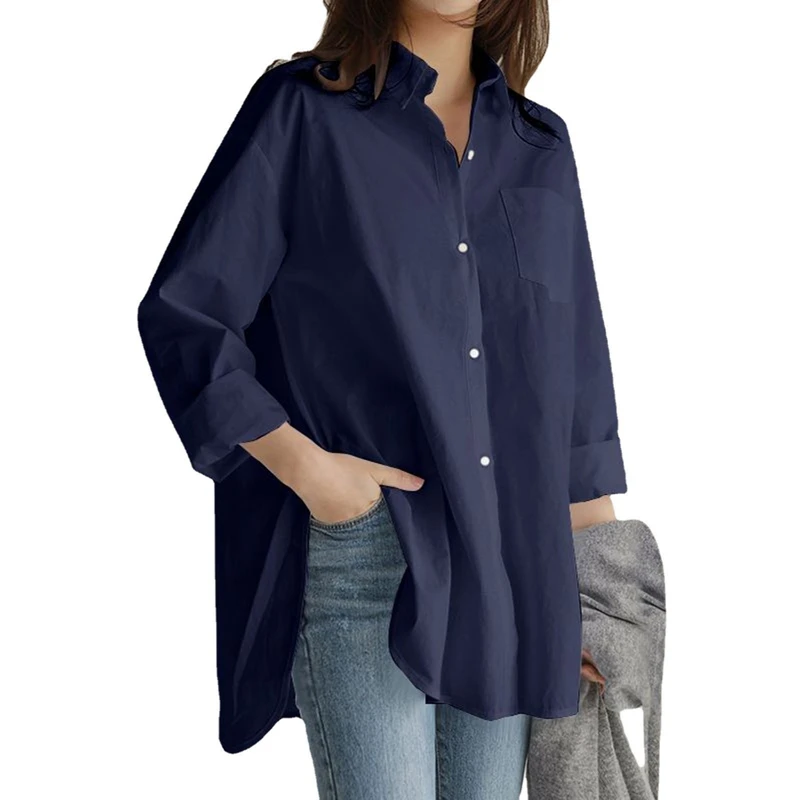 

Autumn new plus size ladies' casual shirt fashion ladies' solid color long sleeve lapel pocket irregular shirt