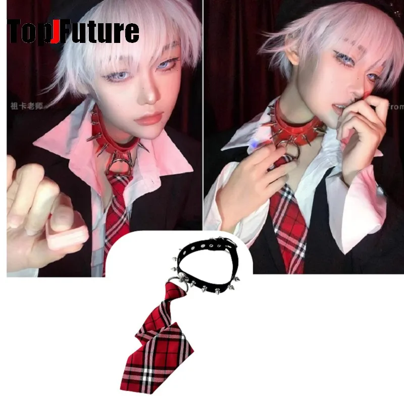 Women Men Y2K Girl Boy Gothic Harajuku Punk Steampunk Pre-Tied Red checks Ties rivet  Spiker Choker Necktie Accessories Goth Tie