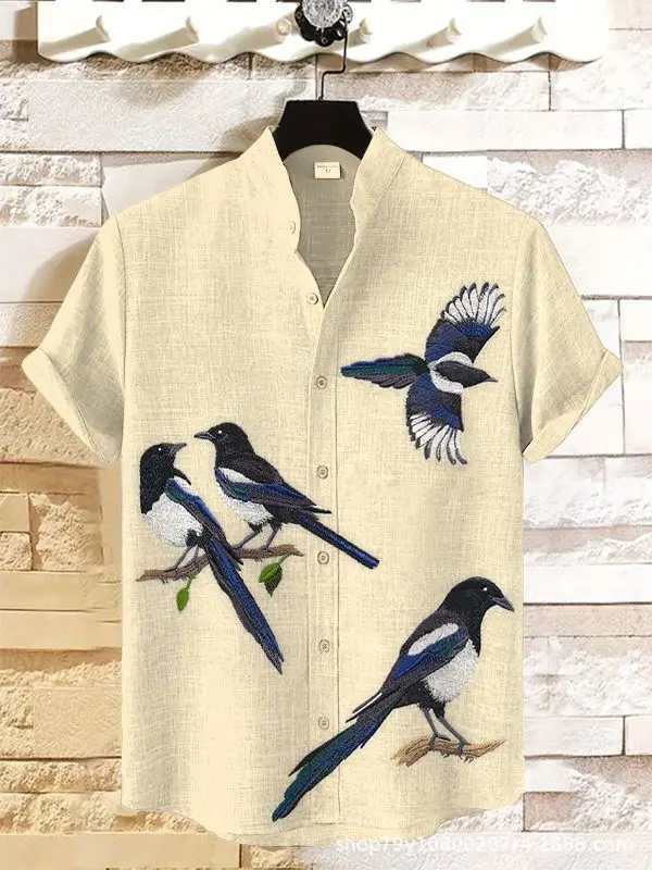 Camisa casual para praia masculina, cardigã de botão manga curta, padrão série animal estampado, na moda