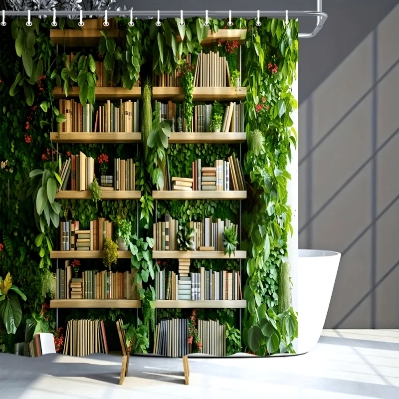 Waterproof Green Plant Bookshelf Shower Curtain with Hooks - Polyester, Artistic Bathroom Decor, 180.34x180.34 cm