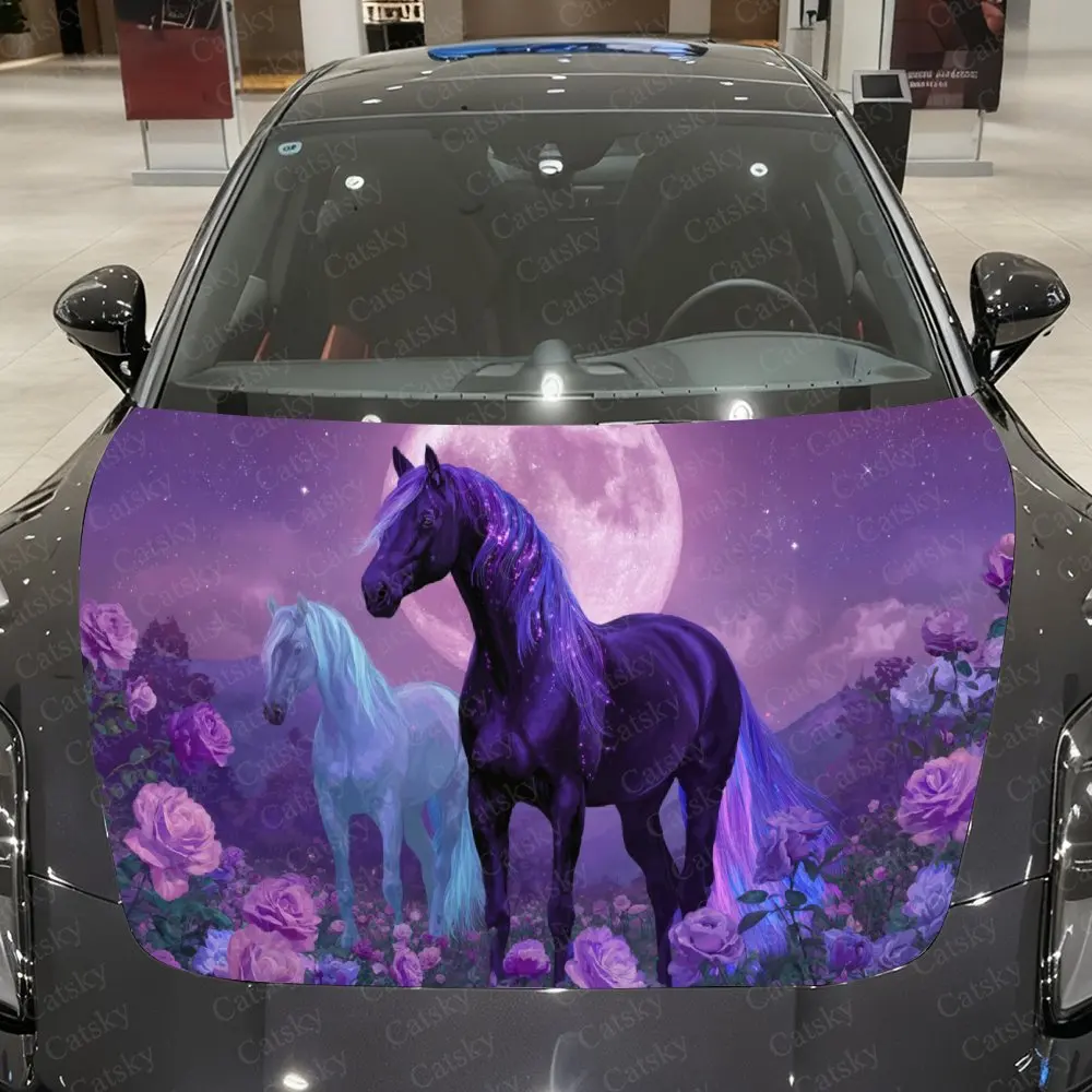 

Two Horses in Purple Moon & Flower Car Vinyl Wrap, PVC Material Waterproof Car Hood Sticker, Self-Adhesive Scratch-Resistant Sti