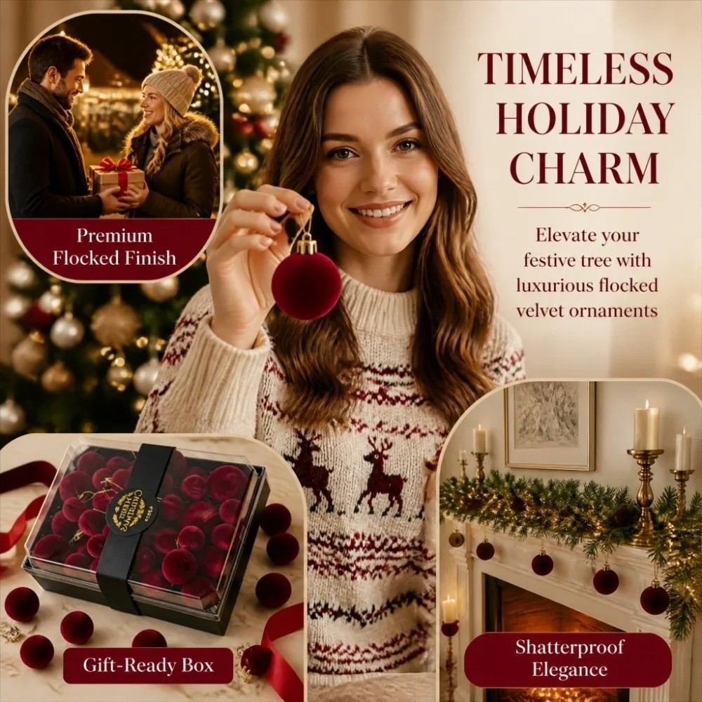 42/44pcs Flocked Christmas Ball Ornament Set Gift Box 3/4/5cm Christmas Baubles Christmas Tree Hanging Balls Velvet Wine Red