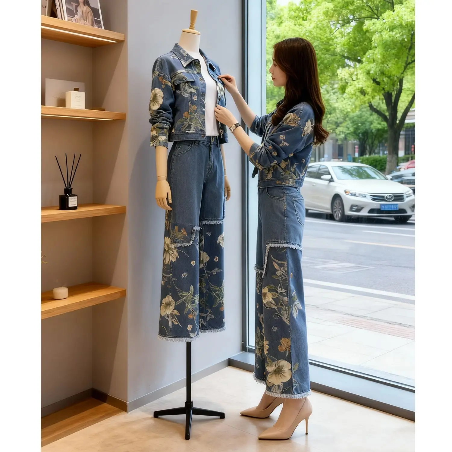 Vintage Casual Denim Blue Floral Print 2 Piece Set Women's Minimalist Ruched Wide Leg Pants Suits Trendy Office Commute Outfits