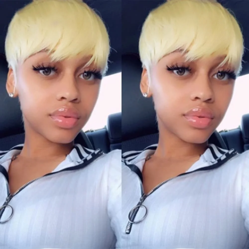 613 블론드 컬러 기계 제작 픽시컷 짧은 스트레이트 인모 가발 (여성용)