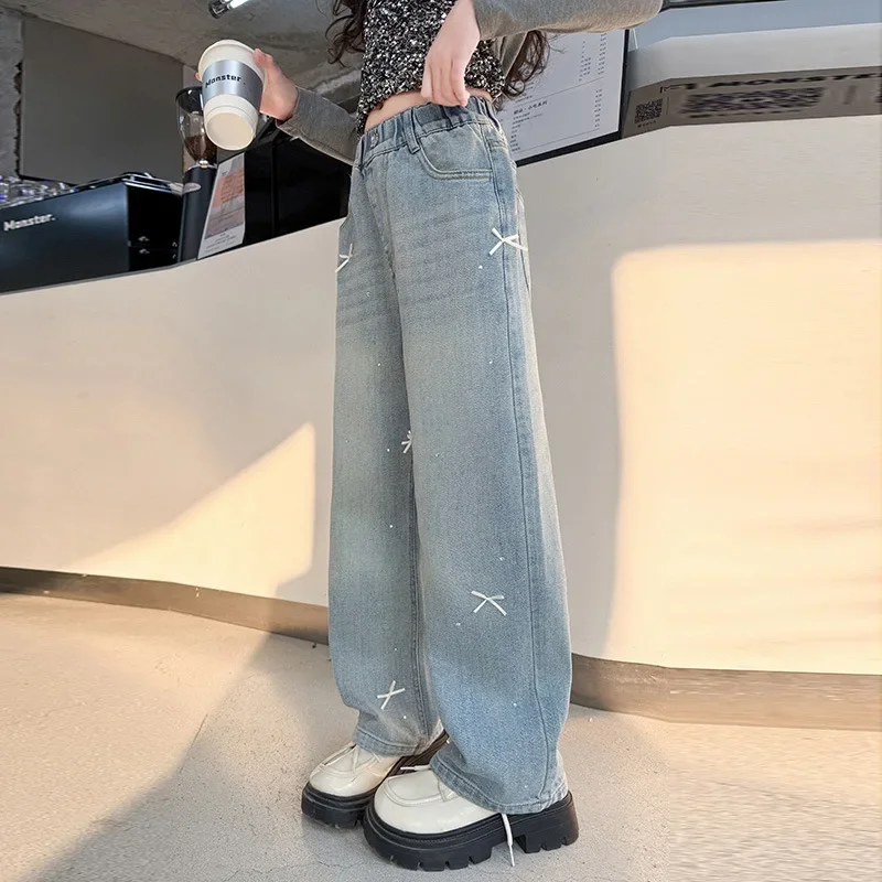 Kid clothes Girls jeans spring and autumn 2025 new fashionable medium and older children's casual straight-leg pants