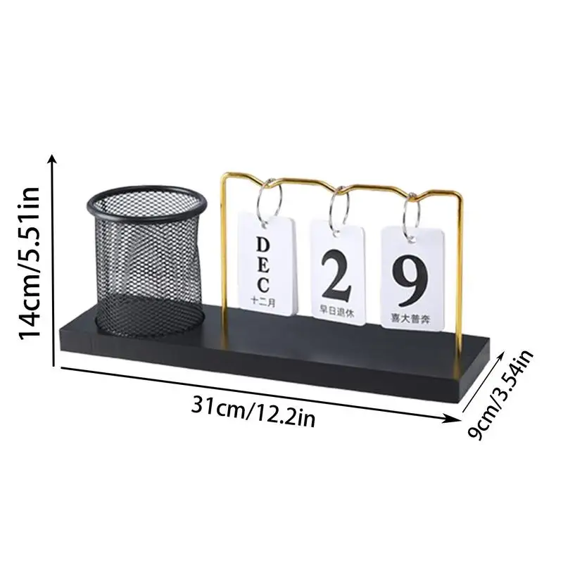 Portalápices con calendario de bloque perpetuo, calendario de escritorio de madera, adornos de escritorio multifuncionales, Simple, reutilizable