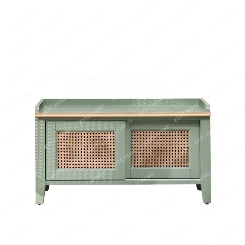 Q rattan shoe changing stool solid wood household door seated shoe cabinet integrated  multi-functional storage stool