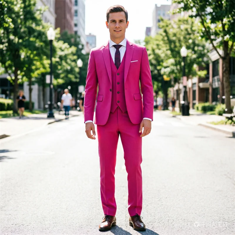 

Мужской костюм-тройка цвета розовой розы, однотонный пиджак с V-образным вырезом на одной пуговице, в комплекте с жилетом и брюками, европейский размер, приталенный крой.