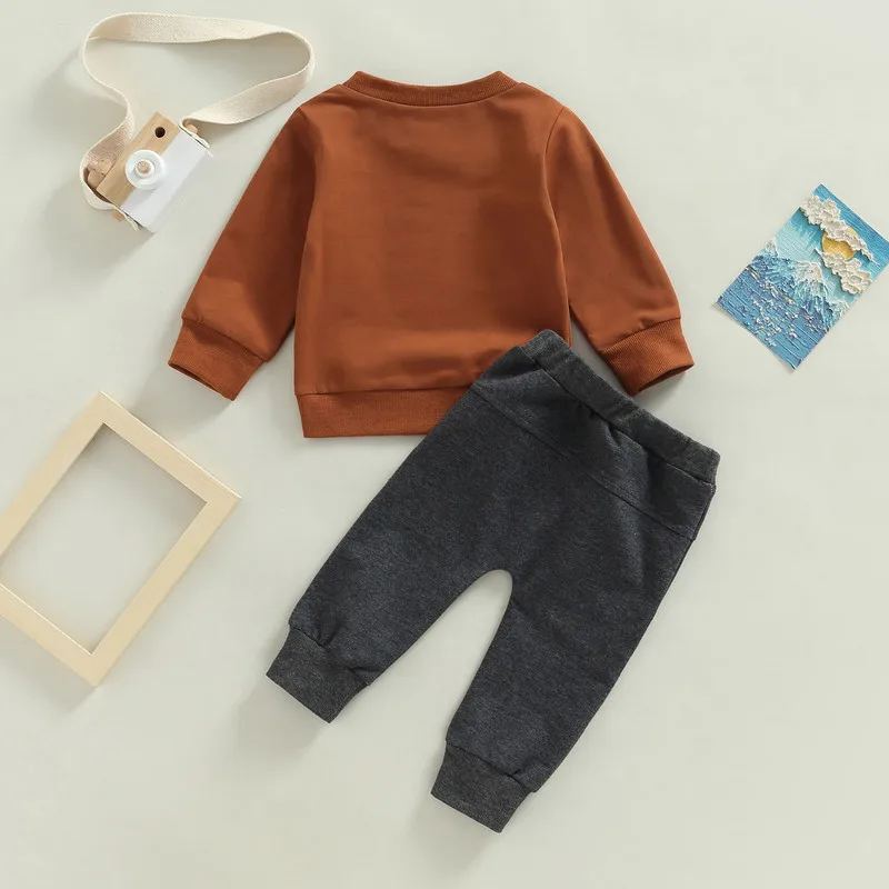 Newborn Baby Boy Pant Sets 2Pcs Outfits Autumn Clothes Long Sleeve Letter Pullover Tops and Pocket Pants Baby Items Clothing