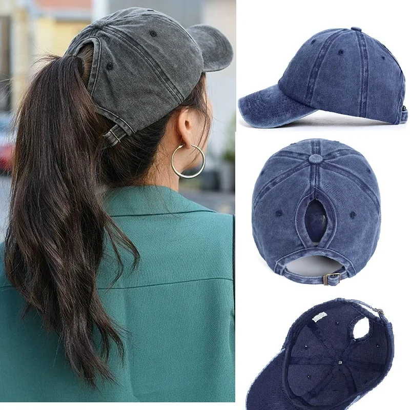 Vintage Ponytail Baseball Cap Women Adjustable Snapback Hat Distressed Summer Cap Woman Sunhat