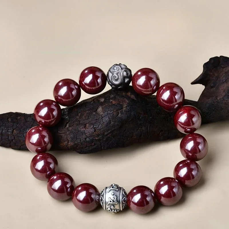 Raw Ore Cinnabar Six Words Proverb Bracelet Pure Silver 999 Silver Stone Fret Beads Money Drawing and Luck Changing Bracelet