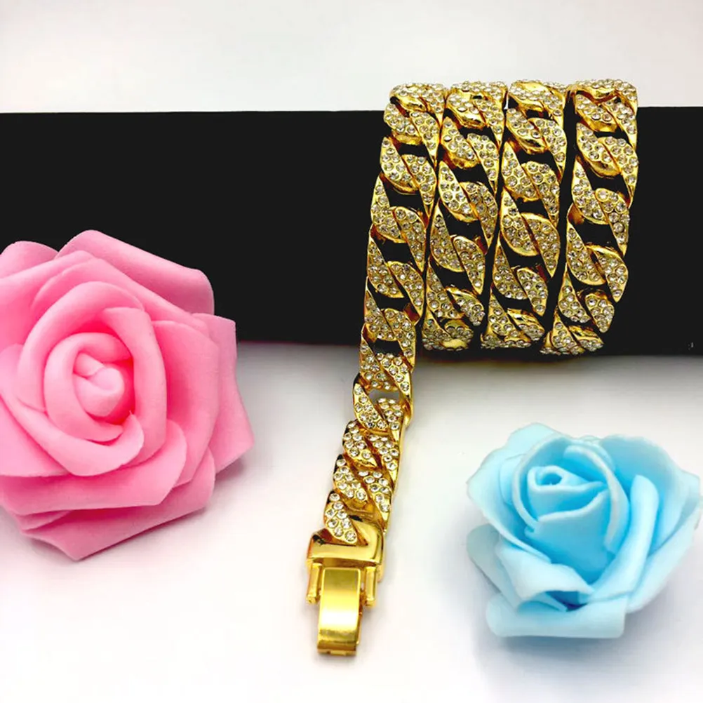 Bling Rhinestone Cuban Necklace Gold Plated Over Brass Unique Hip Hop Style Chain for Men Women Singers Dancers Fashion