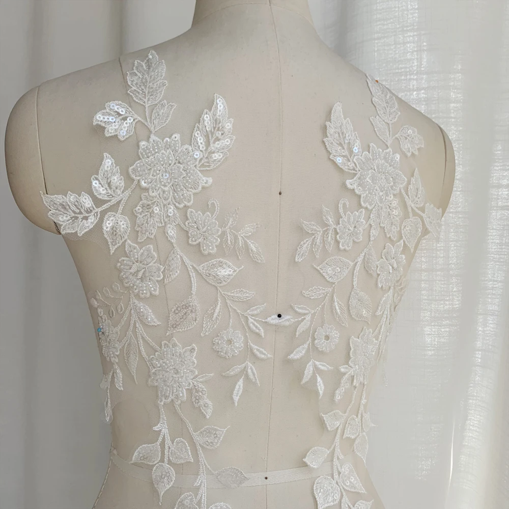 Perlenbestickte Spitze, Spiegelblumen-Applikation, Hochzeitskleid-Dekorationszubehör, Handgemachtes DIY – Detail 8