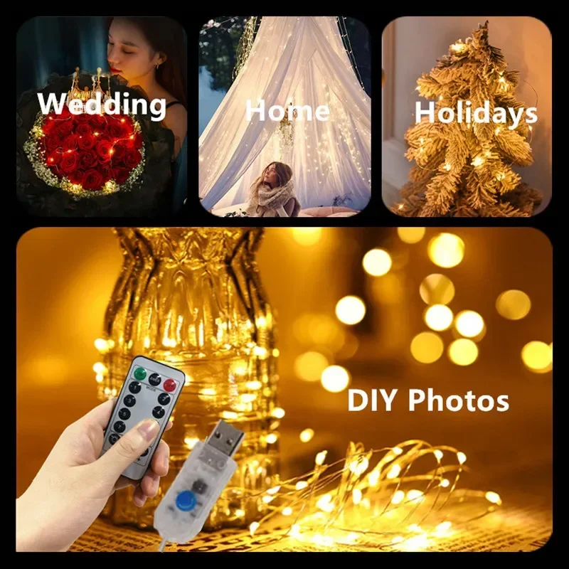 Remote Control USB Power Wire Light String Christmas Tree Party Wedding Decoration Bedroom Home 8 Modes Fairy Garland Lamp