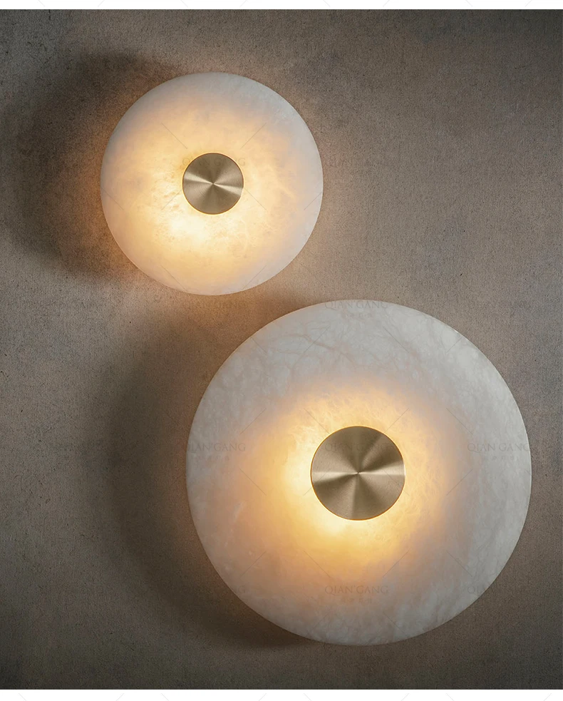 Art Deco Round LED Wall Sconce Natural Marble Brass