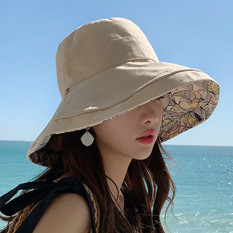 Double-Sided Bucket Hat For Women,Summer Sun Protection Full Face With Windproof Rope Flower Print Wide Brim Fisherman Hats