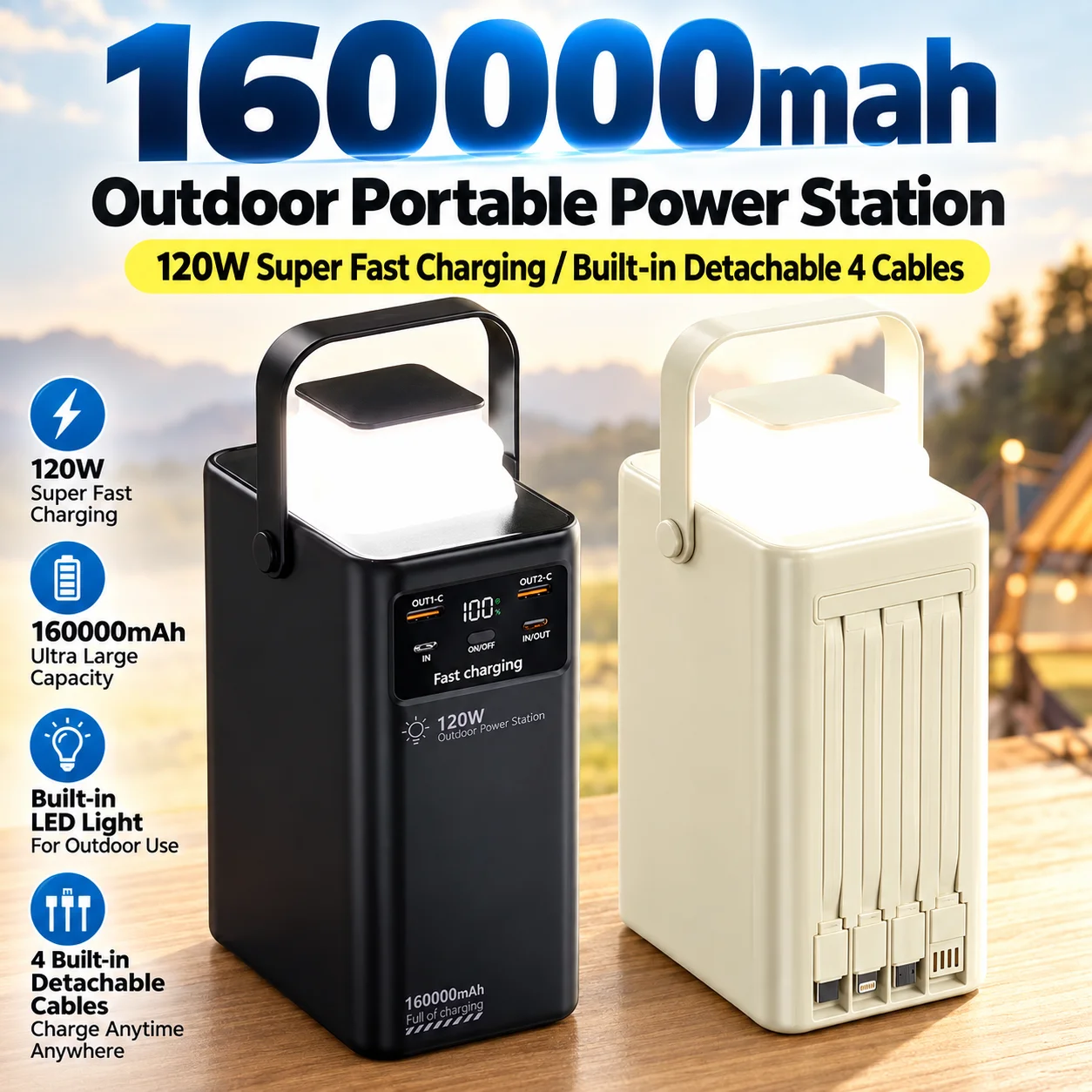 New 120W Fast Charging PowerBank 200000mAh 4 in1 Cable for iPhone Huawei Samsung Outdoor Camping Portable Flashlight USB-C PD QC