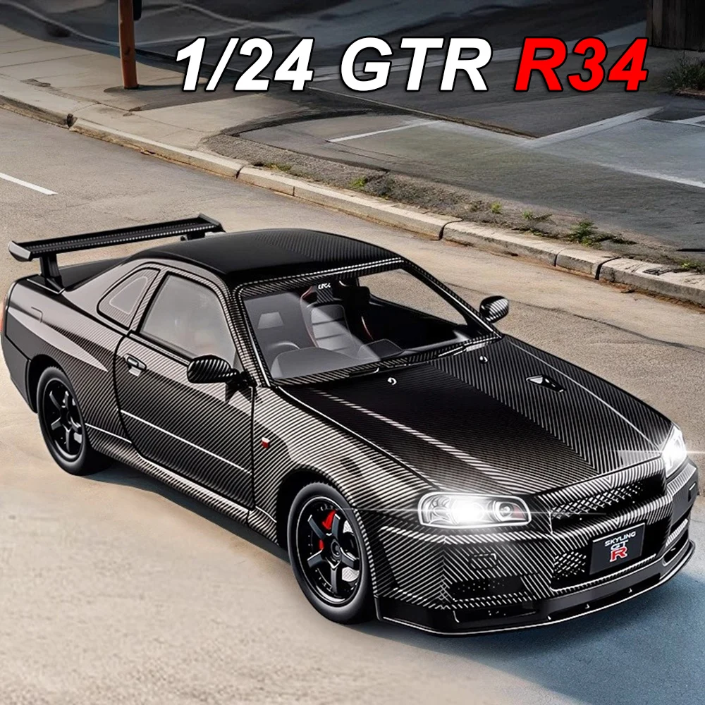 

Масштаб 1:24 GTR R34, литая под давлением модель, игрушки из сплава, автомобильный звук, свет, металлический корпус, 4 двери, открытые игрушки, орнамент, подарки для детей