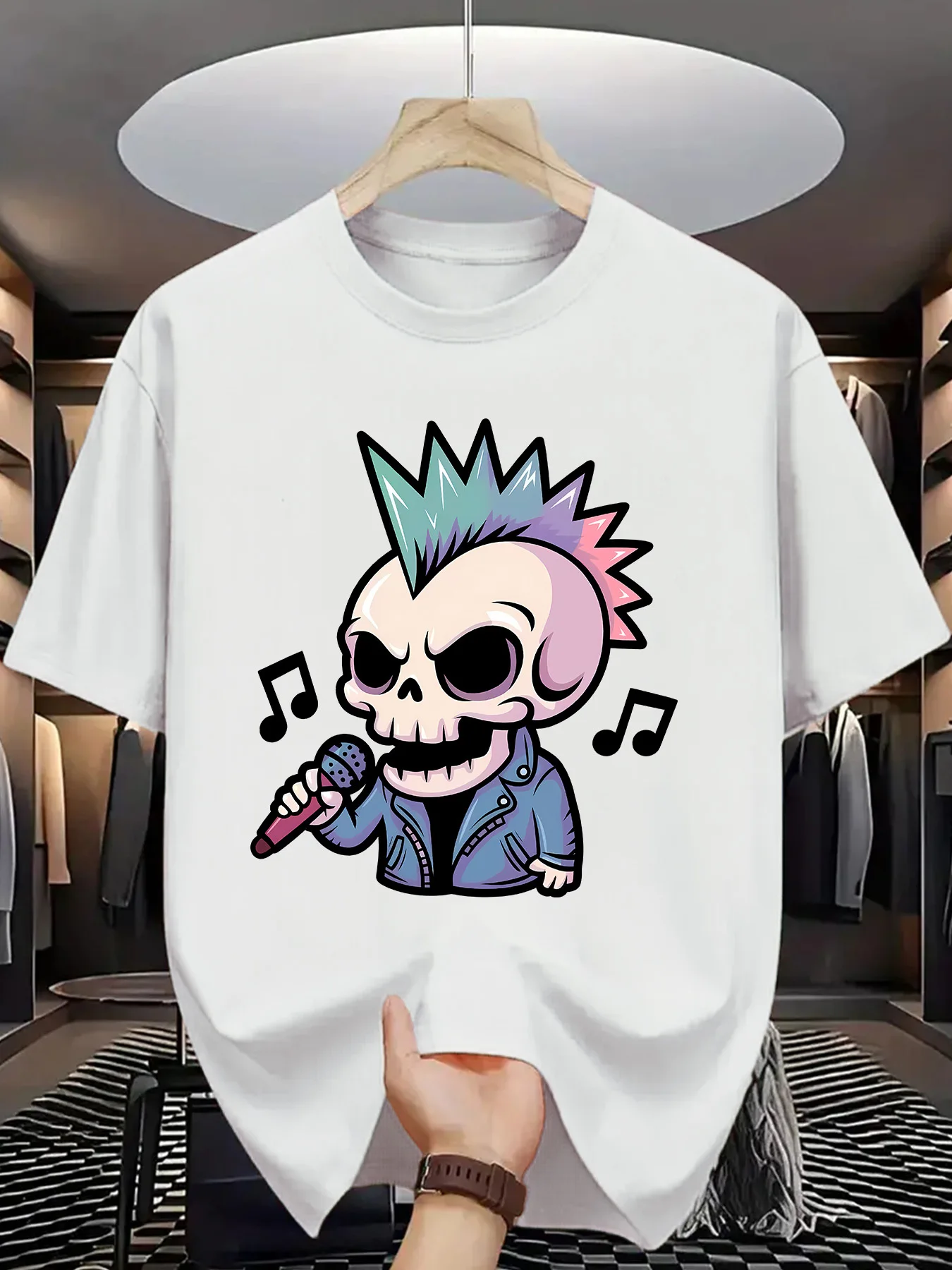 Punk Skull Singer Mens Crew Neck T Shirt Mohawk Skeleton Microphone Music Note Cartoon Graphic Short Sleeve Casual Street Tops