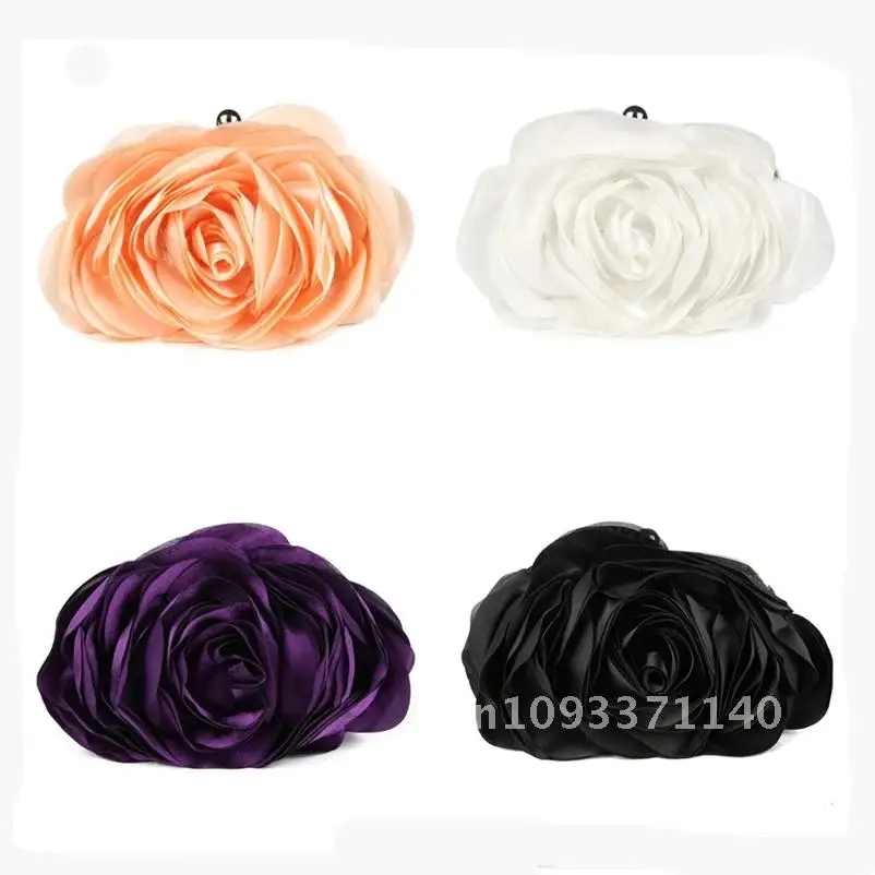 Satin rose Evening clutch Bag Designer Dinner Party flower white purple black red Purse Wedding color