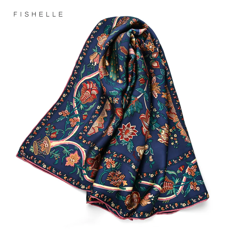 Azul marinho do vintage flor natural lenços de seda feminino 110cm grande quadrado bandana verão outono hijab 100% real seda xale envoltório senhora