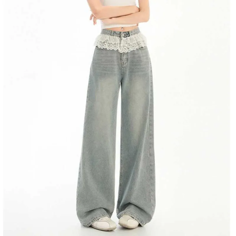 ANJY otoño nueva moda mujer elegante fresco encaje Trim Casual versátil pantalones vaqueros rectos moda Chic marea Simple pantalones vaqueros A13088