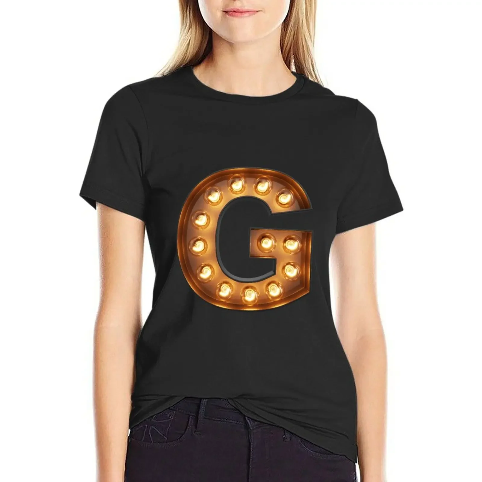 G Initial Neon Light T-Shirt funny cute tops summer tops Women clothing