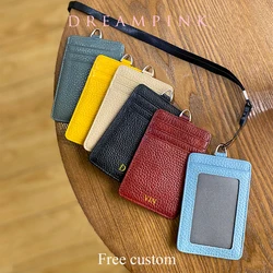 Custom Name ID Badge Card Holder Luxury Leather Business Men Work Neck Strap Cardholder DIY Initials Women Office Card Case