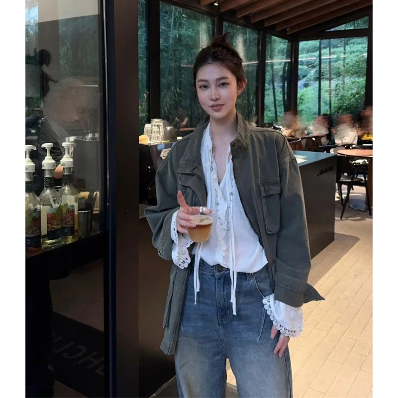 

Sli Casual Loose Fit Stand Collar Multi ket Retro Outerwear for Women Autumn Faionable Workwear Jaet