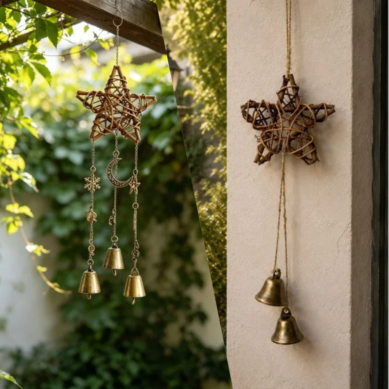 Courtyard Vintage Christmas Wind Chime Hanging Ornament Pentagram Rattan Wreath Bell Musical Note Mediterranean Home Wall Decor