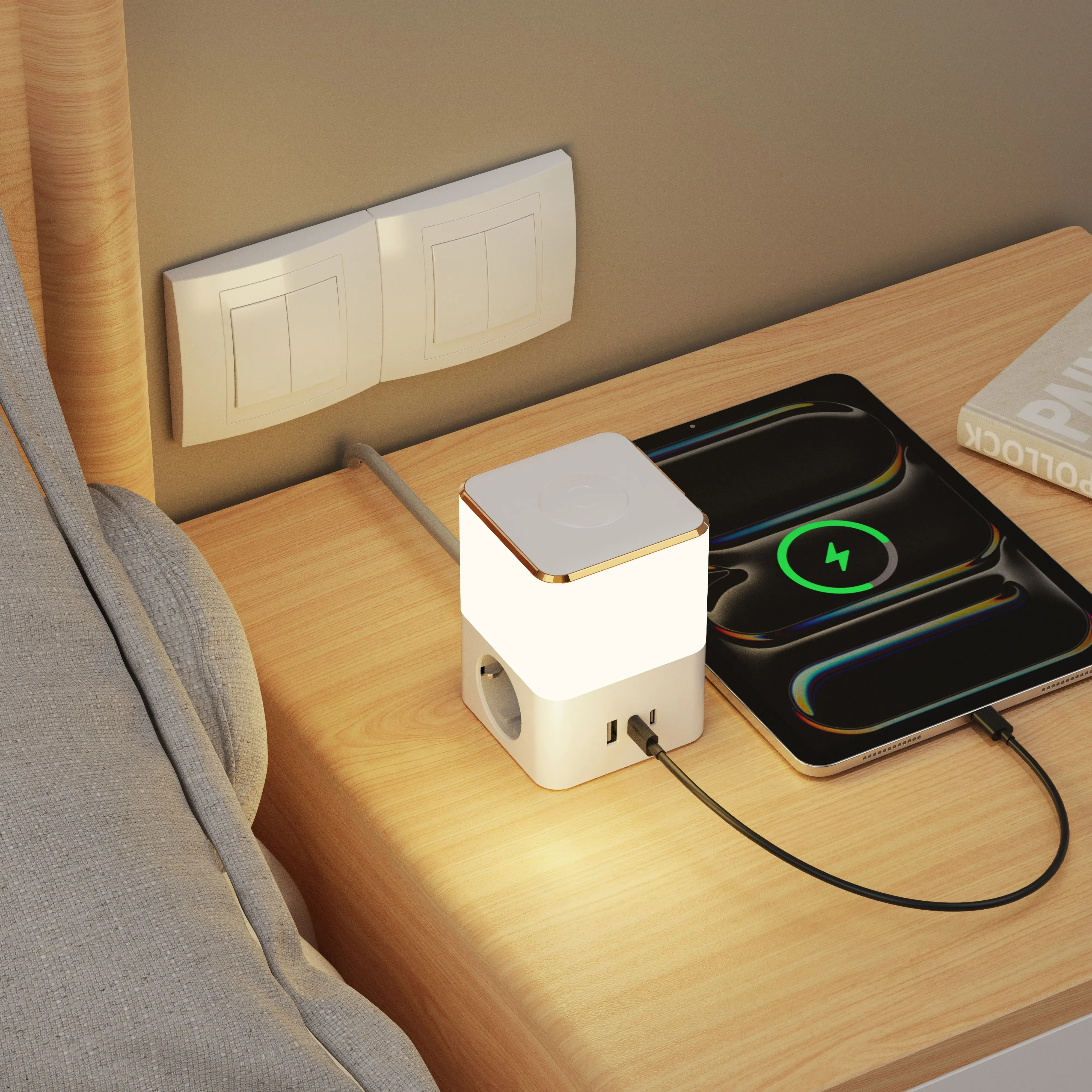 2026 Creative Nightlight Socket Desk Lamp Socket 2 Outlets Power Strip Multi-Function European EU/Germany Touch Switch with USB