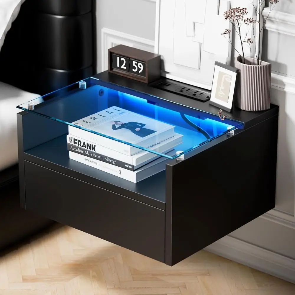 

Современный комплект плавающих прикроватных тумбочек с зарядной станцией и LED-подсветкой для спален и гостиных